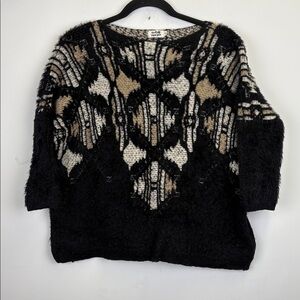 Molly Bracken Black Cream Aztec Print Eyelash Knit Fuzzy Warm/ Size M